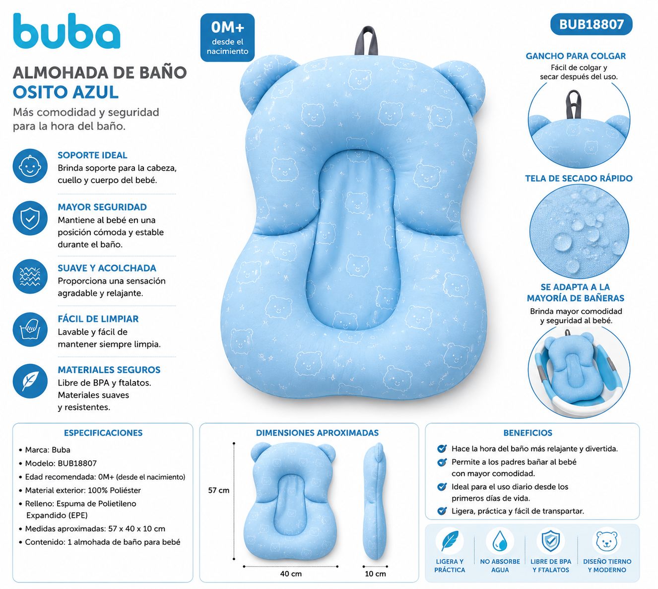 Buba Almohada de Baño Osito Azul - BUB18807 🩵