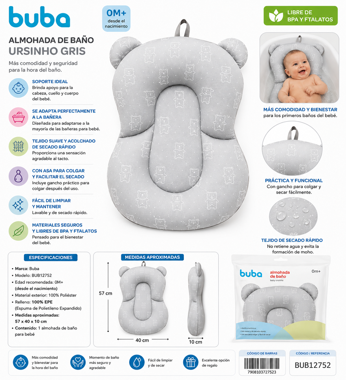 Buba Almohada de Baño Ursito Gris - BUB12752 🩶