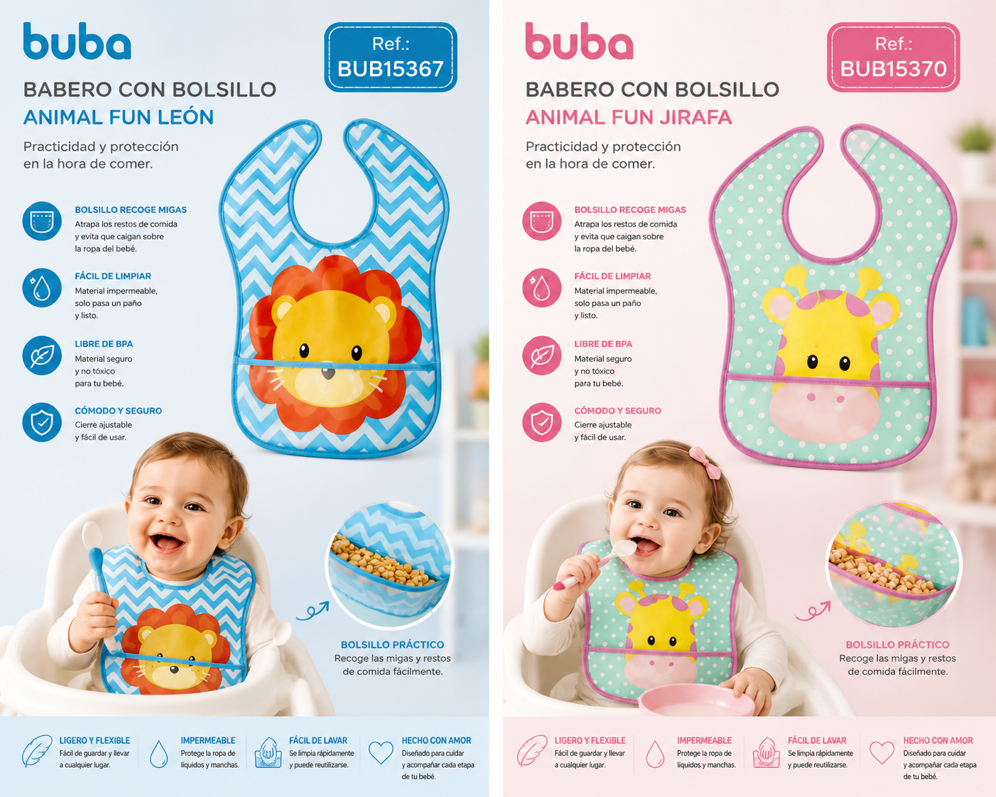 Babero con Bolsillo Animal Fun Jirafa – Buba - BUB15370 🦒💚