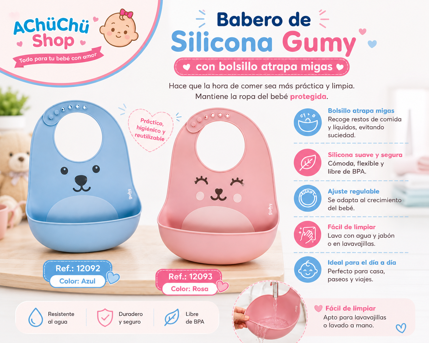 Babero de Silicona con Atrapa Migas Gumy Rosa - BUB12093🩷