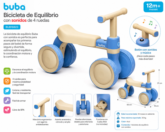 Buba Bicicleta de Equilibrio con Sonidos de 4 Ruedas Azul
BUB18823 💛