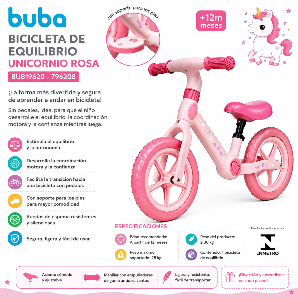 Buba Bicicleta de Equilibrio Unicornio Rosa BUB19620 - 796208 🦄 💛