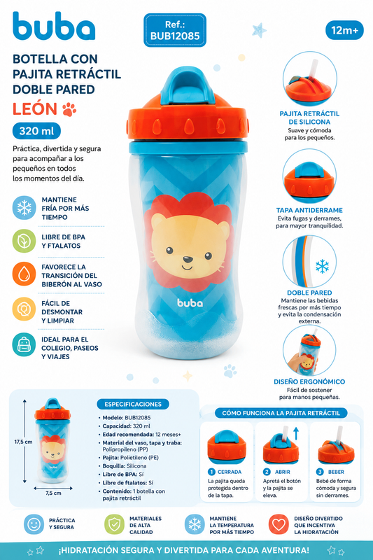 Buba Botella con Pajita Retráctil Doble Pared 320 ml León
BUB12085 - 320ml
12 meses+ 🦁💛