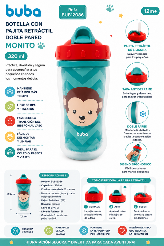 Buba Botella con Pajita Retráctil Doble Pared 320 ml Monito - 12m+ BUB12086 🐵