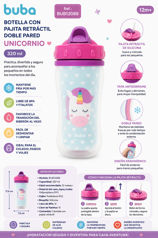Buba Botella con Pajita Retráctil Doble Pared 320ml Unicornio
12m+ BUB12088 🦄