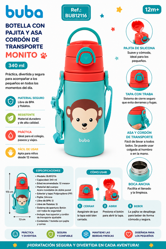 Buba Botella con Pajita y Asa con Cordón de Transporte Monito
340ml - 12m+ BUB12116 🐵