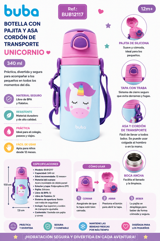 Buba Botella con Pajita y Asa con Cordón de Transporte Unicornio
340ml - 12m+ BUB12117 🦄