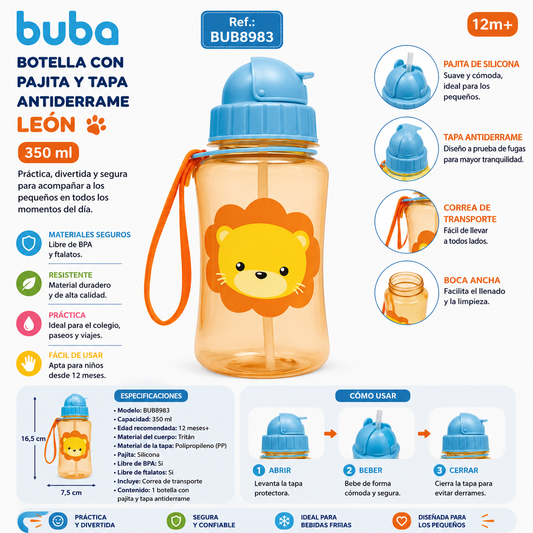 Buba Botella con Pajita y Tapa Antiderrame 350ml 12m+ León 
BUB8983 🦁