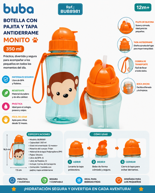 Buba Botella con Pajita y Tapa Antiderrame 350ml 12m+ Monito 
BUB8981 🐵