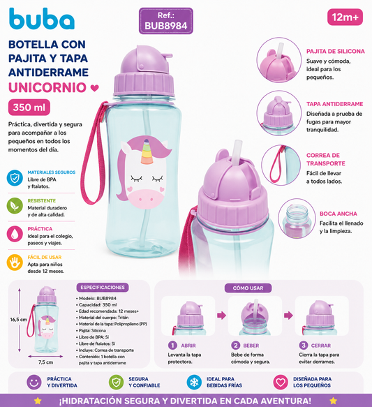 Buba Botella con Pajita y Tapa Antiderrame 350ml 12m+ Unicornio - BUB8984 🦄