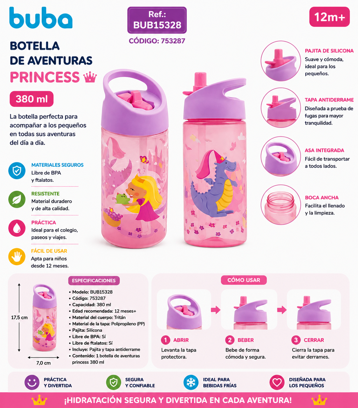 Buba Botella de Aventuras Princess 380ml - 12m+ BUB15328👑🐉