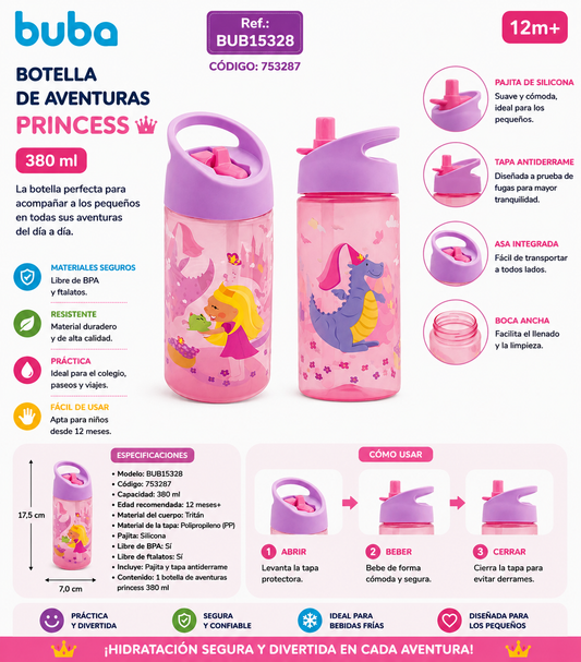 Buba Botella de Aventuras Princess 380ml - 12m+ BUB15328👑🐉