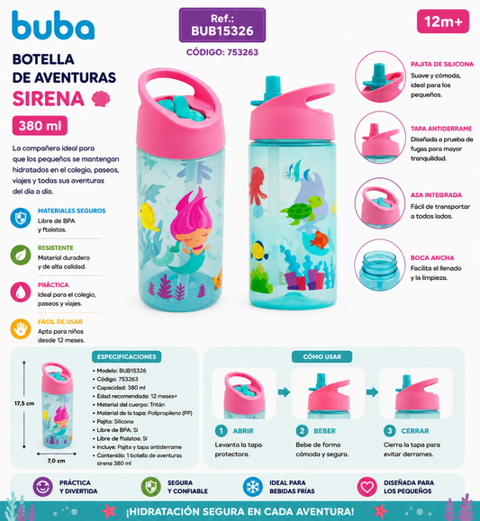 Buba Botella de Aventuras Sirena 380ml - 12m+ BUB15326 🧜‍♀️🌊