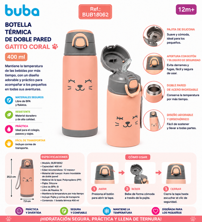 Buba Botella Térmica de Doble Pared 400ml con Pajita – Gatito Coral 12m+ BUB18062 🐱🩷