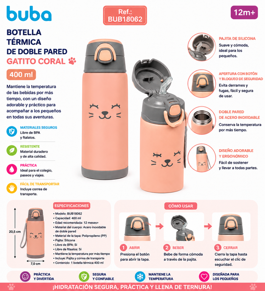 Buba Botella Térmica de Doble Pared 400ml con Pajita – Gatito Coral 12m+ BUB18062 🐱🩷