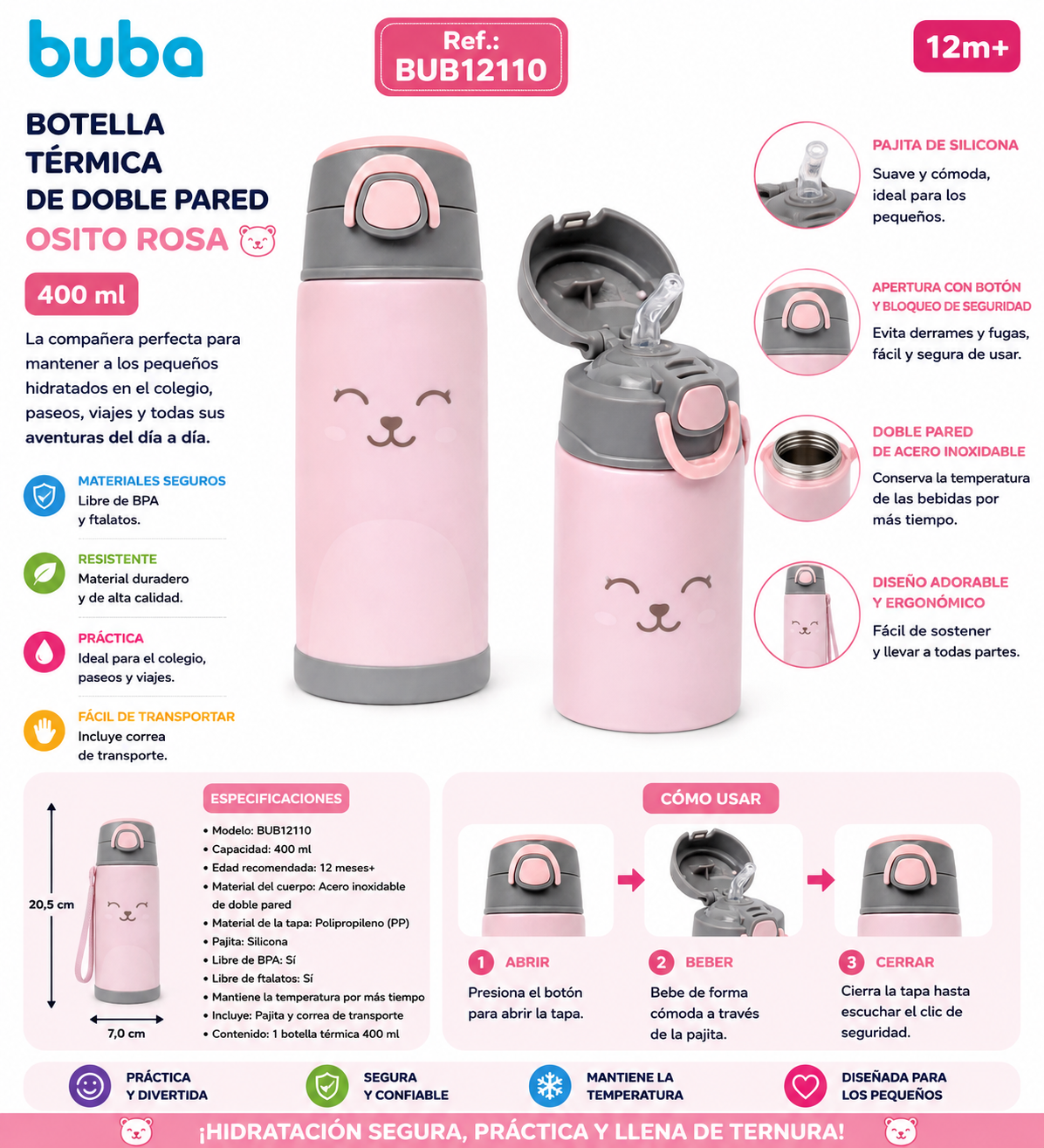 Buba Botella Térmica de Doble Pared 400ml con Pajita – Osito Rosa 12m+ BUB12110 🧸💛