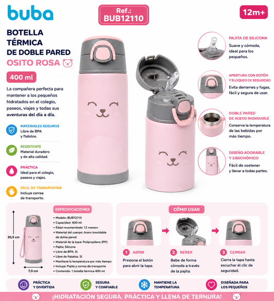 Buba Botella Térmica de Doble Pared 400ml con Pajita – Osito Rosa 12m+ BUB12110 🧸💛