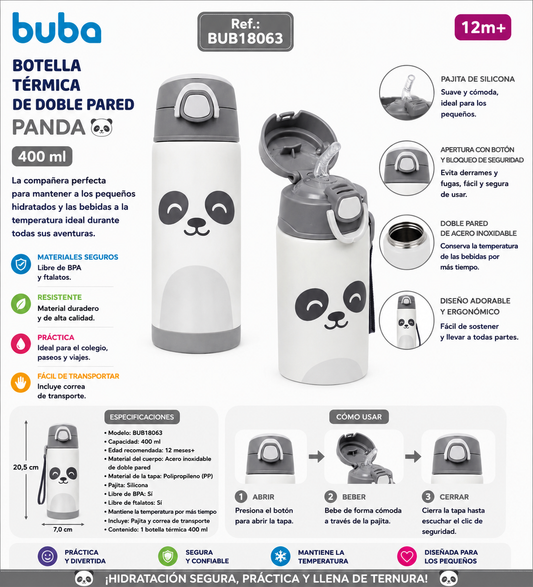 Buba Botella Térmica de Doble Pared 400 ml con Pajita – Panda
12m+ BUB18063 🐼🤍💛