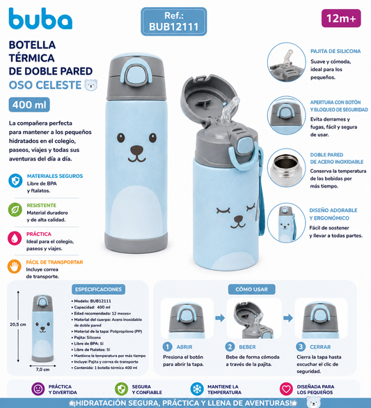 Buba Botella Térmica de Doble Pared 400ml con Pajita – Oso Celeste 12m+ BUB12111 🧸💙💛