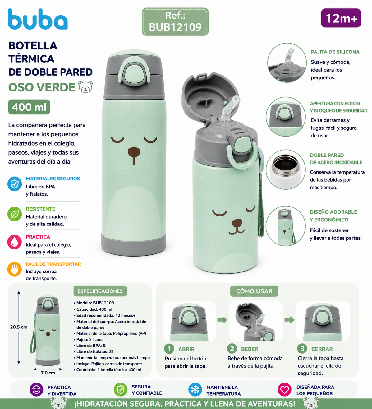 Buba Botella Térmica de Doble Pared 400 ml con Pajita – Oso Verde 12m+ BUB12111 💚