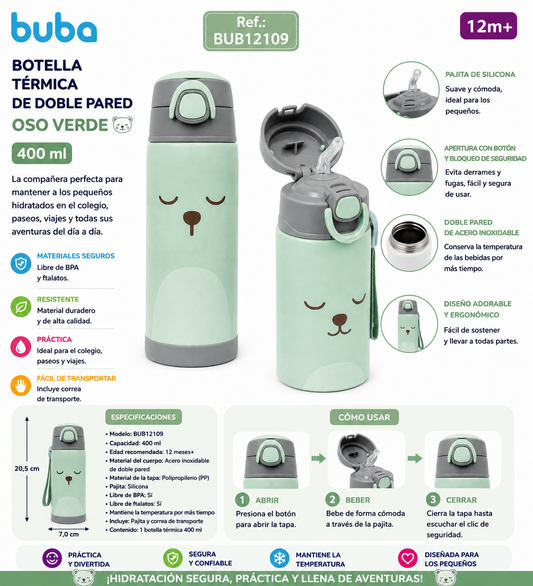 Buba Botella Térmica de Doble Pared 400 ml con Pajita – Oso Verde 12m+ BUB12111 💚