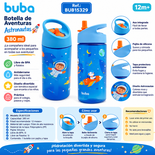 Buba Botella de Aventuras Astronautas 380ml 12m+ BUB15329 🚀👨‍🚀💚