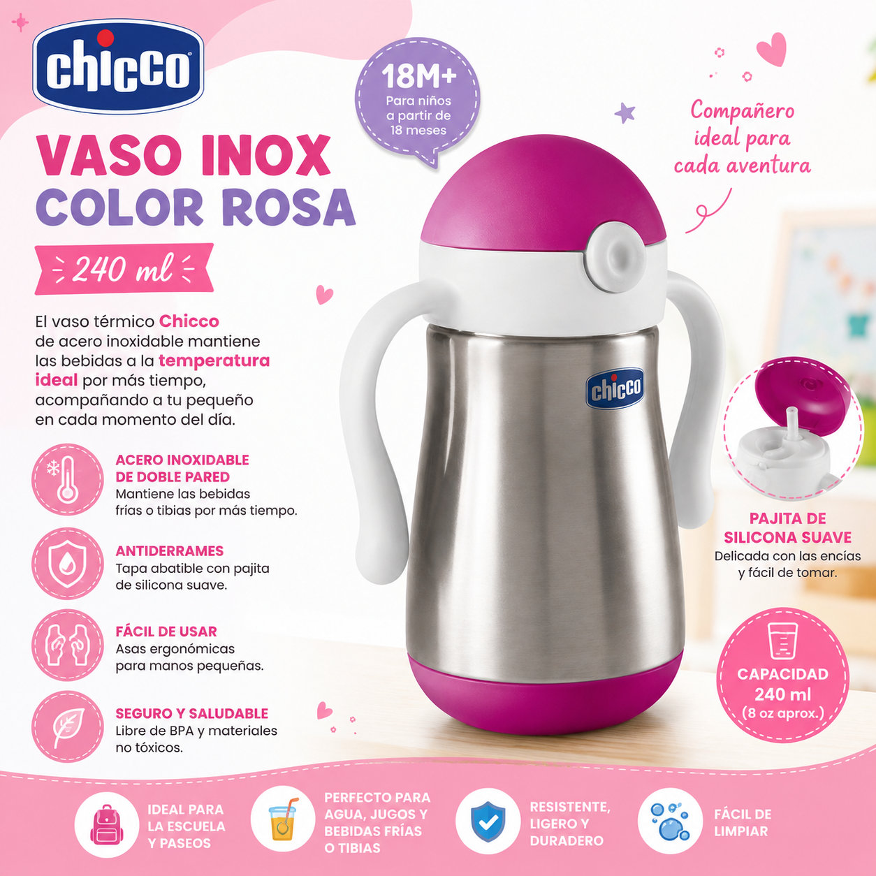 Chicco Vaso Inox Color Rosa 240ml 18M+ 6931-10 / 121601