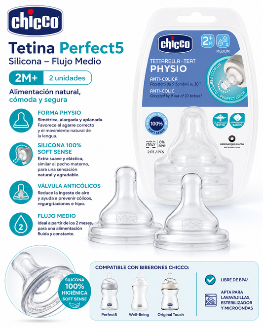 Chicco Tetina Perfect5 Silicona Flujo Medio x2 2m+ 20323-00 - 122202 💛