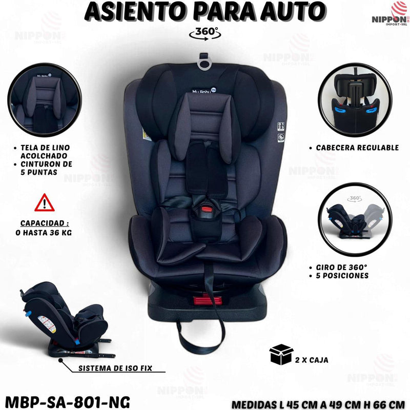 SILLA DE AUTO ROTACION 360°C/5 POSICION DE RECLINACION + ISOFIX R.N-36KILOS MBP-SA801GRIS