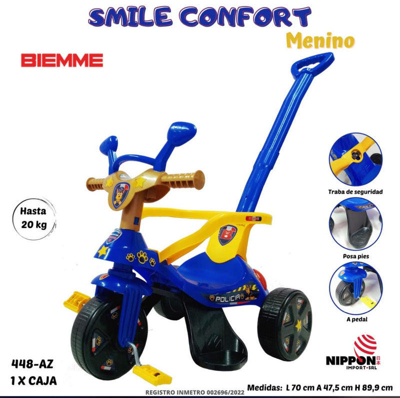 BABY INFANTIL TRICICLO CON EMPUJADOR BY BIEMME TRAVA SEGURIDAD - CON POSA PIE -PEDAL HASTA 20KG - 448 AZUL/AMARILLO - 438 FUCSIA/ROSA